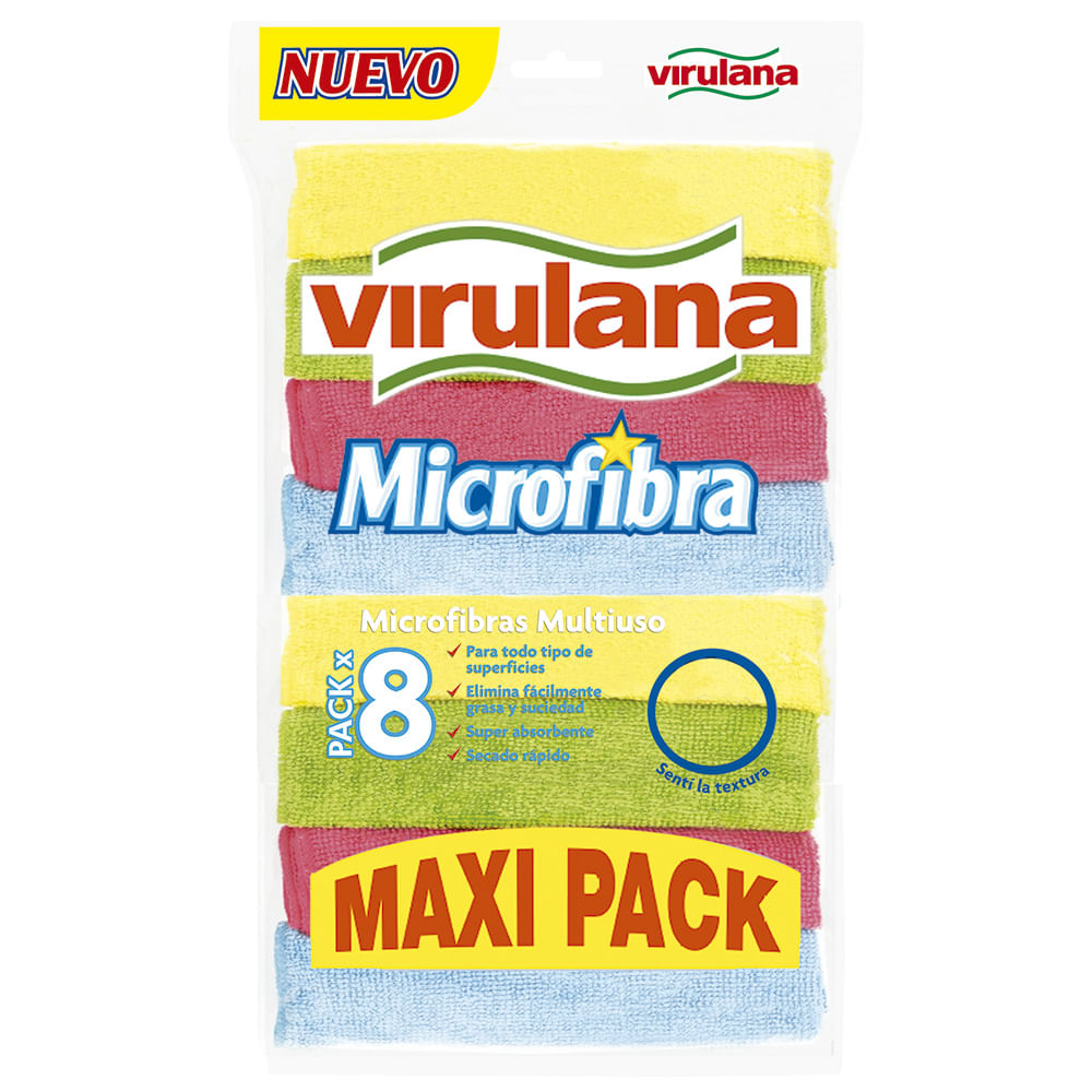 Paño Trapo Microfibra Virulana Multiuso Limpieza Pack X 4 Un