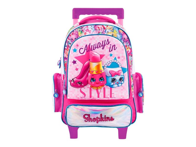 Mochila Shopkins con carro 18 termoformada fondo cuadriculado