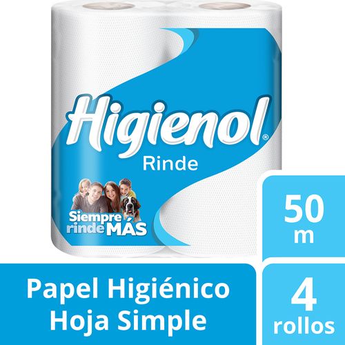 Papel Higiénico Higienol Rinde, Hoja Simple Paq 4 Un X 50 Mts C/u