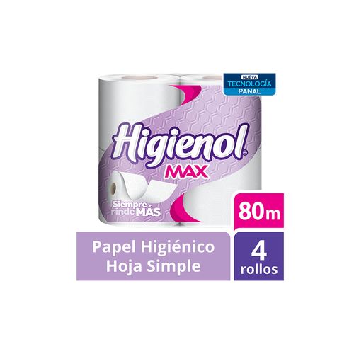 Papel Higiénico Higienol Max, Hoja Simple, Paq 4 Unid X 80 Mts C/u