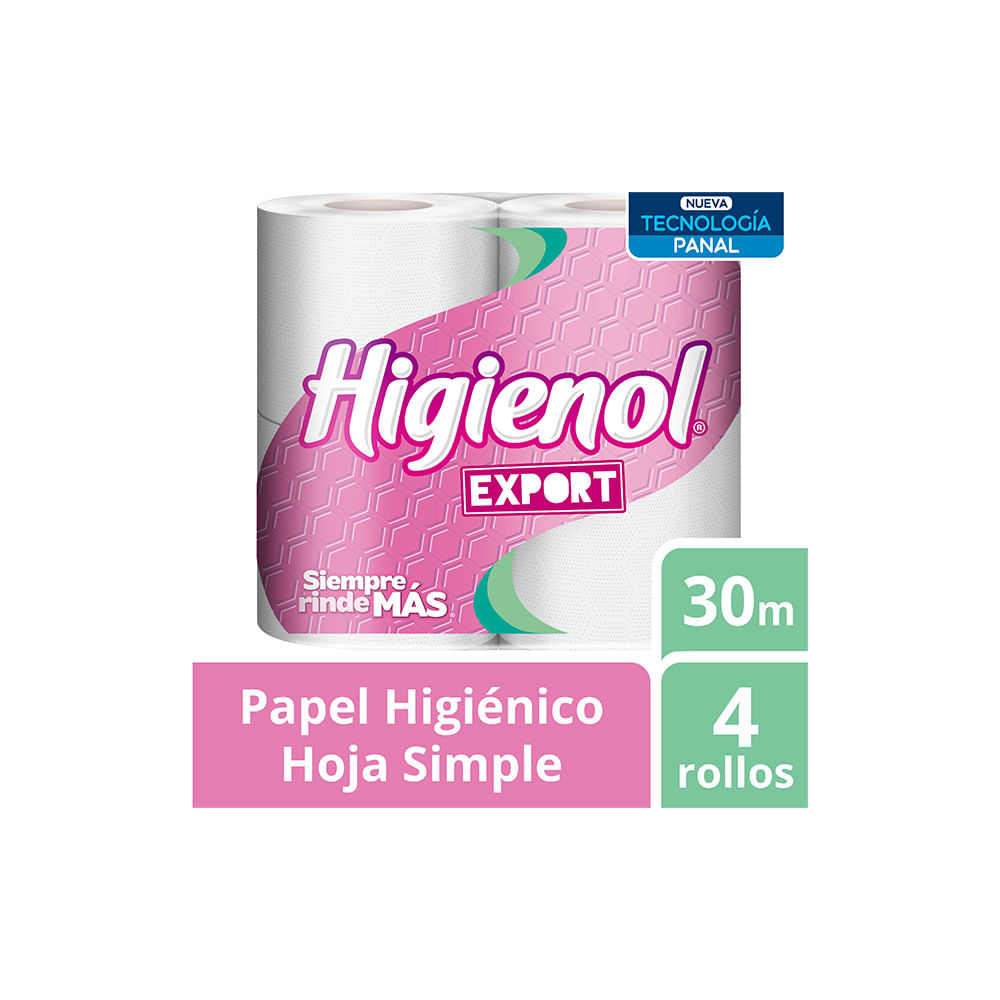 Papel Higiénico Higienol Export Hoja Simple Panal Paq 4 Unid X 30 Mts