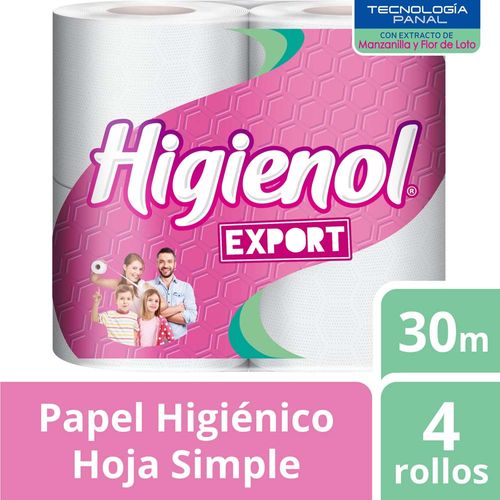 Papel Higiénico Higienol Export, Hoja Simple, Panal Paq 4 Unid X 30 Mts C/u