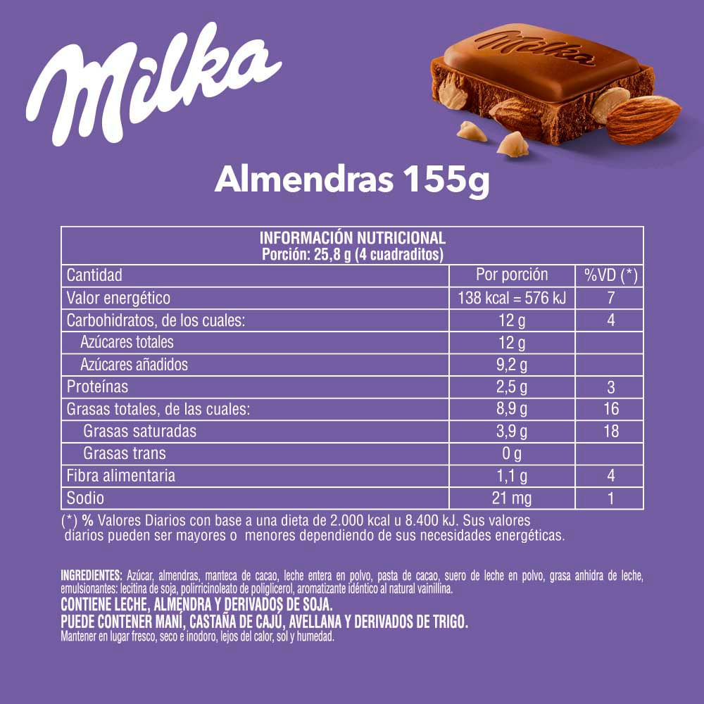 Chocolate Milka con almendras 155 Gr